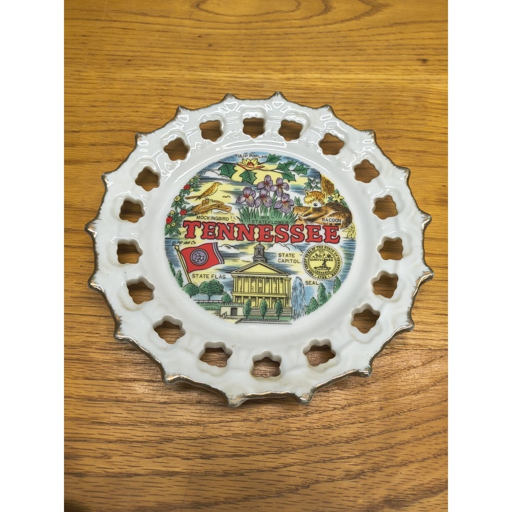 Tennessee State Ceramic Plate Capitol Flag Flopwer Bird Seal Racoon 8" Lace Edge